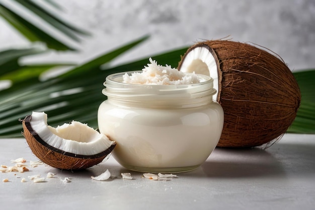 Glas pot met kokosnoot boter, een halve kokosnood en palmbladeren, promotiefoto van het product, veganistisch voedsel