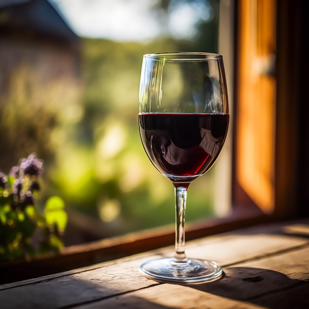 Glas rode huiswijn op het zonnige platteland wijnproeverij wijnmakerij en wijnbouw Generative Ai