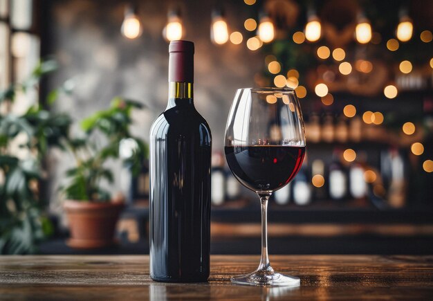 Glas rode wijn met fles tegen rustieke donkere op houten tafel Mock up voor ontwerp
