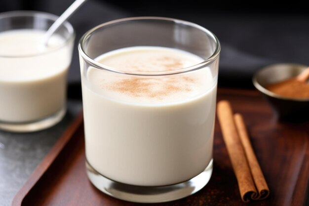 Foto glas schuimige horchata met een lepel op de achtergrond