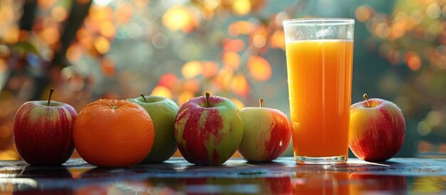 Foto glas sinaasappel sap met appels en sinaasappels
