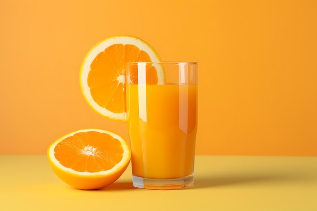 Glas sinaasappelsap en plakjes sinaasappel op oranje achtergrond