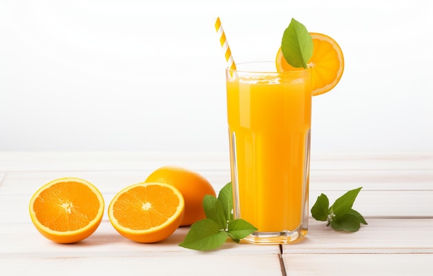 Glas sinaasappelsap en sinaasappelschijfjes voor gezond ontbijt op witte houten tafel