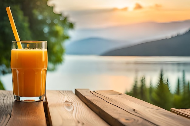 glas sinaasappelsap op een houten tafel met een meer op de achtergrond