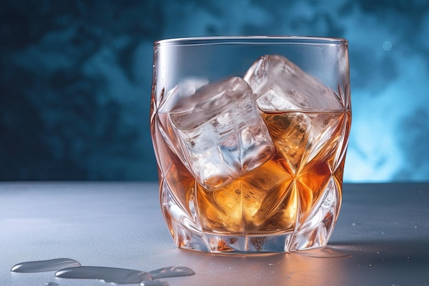 Glas sterke alcoholische drank met ijsblokjes op een blauwe achtergrond Generatieve AI