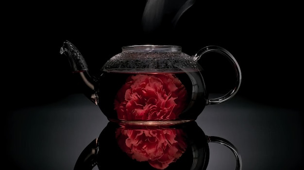Glas theepot met een groot blad veelkleurige thee op zwarte achtergrond