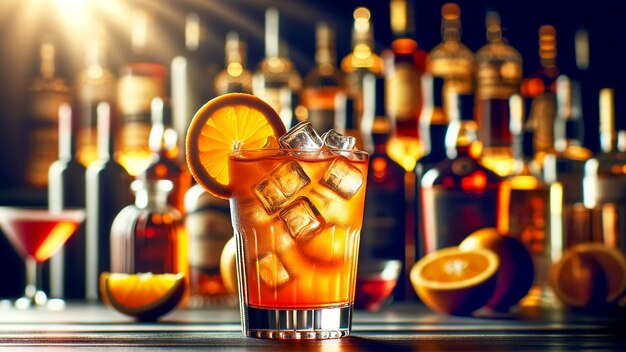 glas van een verleidelijke alcoholische cocktail gevuld met ijs en versierd met verse sinaasappel plakjes