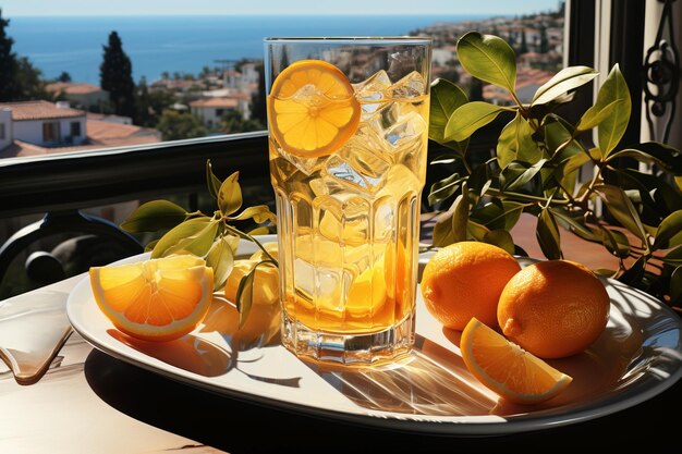 glas verfrissende limonade met ijs en stro met stukjes fruit op de achtergrond van het strand met