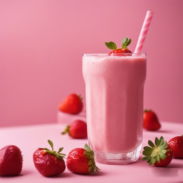 Glas verse aardbeien smoothie op een roze achtergrond