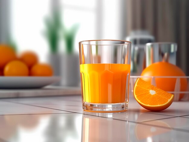 Glas verse jus d'orange op tafel in keuken 3d renderAI gegenereerd