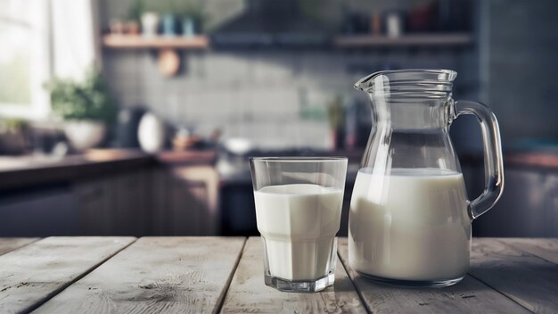 Foto glas verse melk en kruik op een houten tafel met een vage keuken als achtergrond