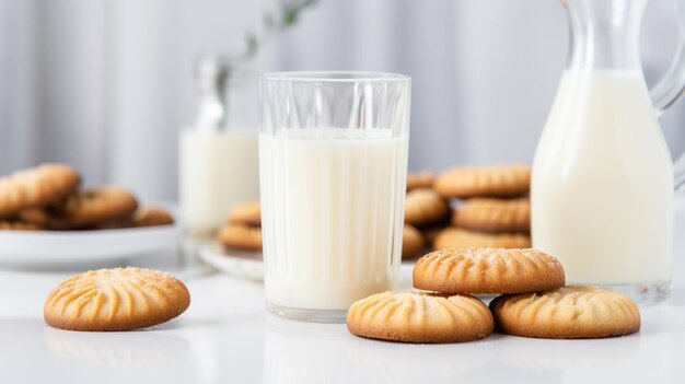 glas verse melk met koekjes en koekjes op een wit bord