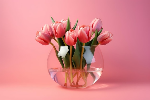 Glas verse roze tulpenbloemen in vaas Roze achtergrond