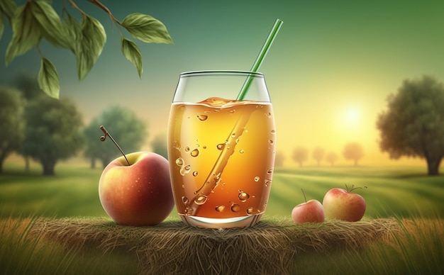 Glas vruchtensap met de natuur op de achtergrond. advertenties ontwerp