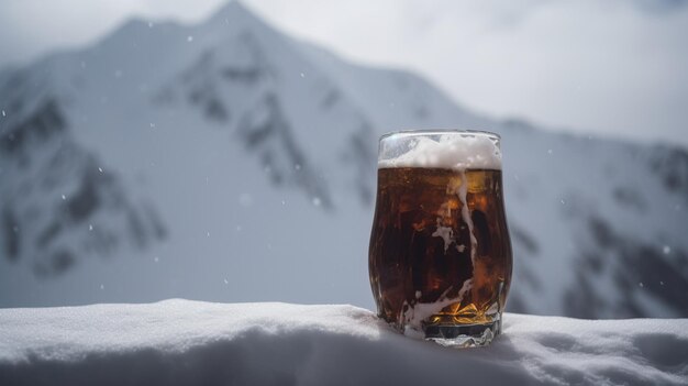 Glas warme rode wijn, warme wijn, close-up achtergrond van besneeuwde ski-pieken van bergen