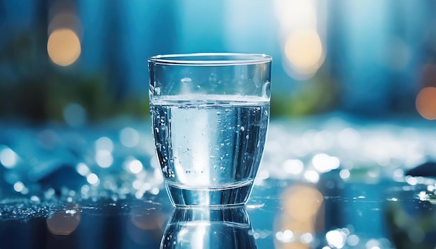 Glas water en druppels op tafel Verfrissende minerale drank Blauwe tonen Onduidelijke bokeh