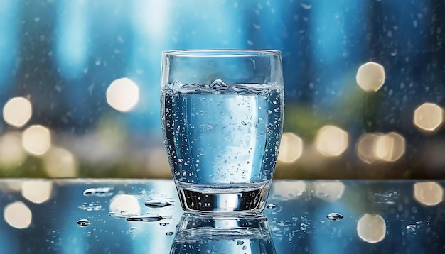 Glas water en druppels op tafel Verfrissende minerale drank Blauwe tonen Onduidelijke bokeh