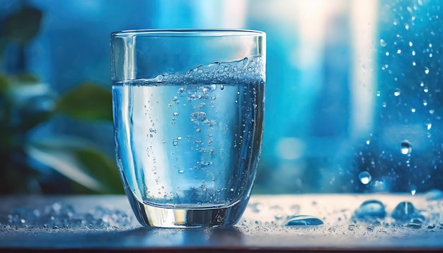 Glas water en druppels op tafel Verfrissende minerale drank Blauwe tonen Onduidelijke bokeh