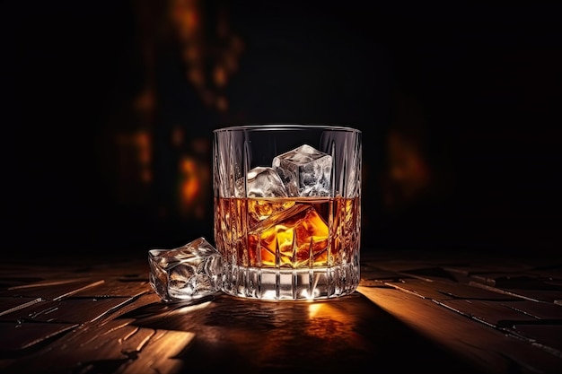 Glas whisky met ijs en sterke drank op een donkere tafel