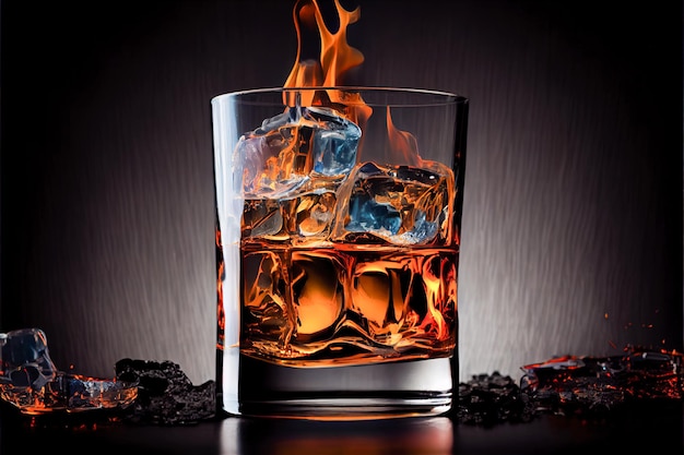 Glas whisky met ijs op een donkere achtergrond Generatieve AI