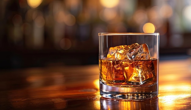 Glas whisky met ijs op houten barbank Klassieke whisky in glas in dim bar met kopieerruimte