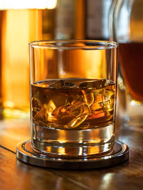 Glas whisky on the rocks op een houten barblad