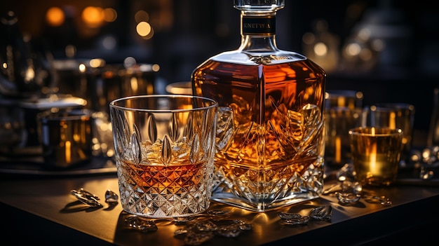 Glas whisky op een houten tafel