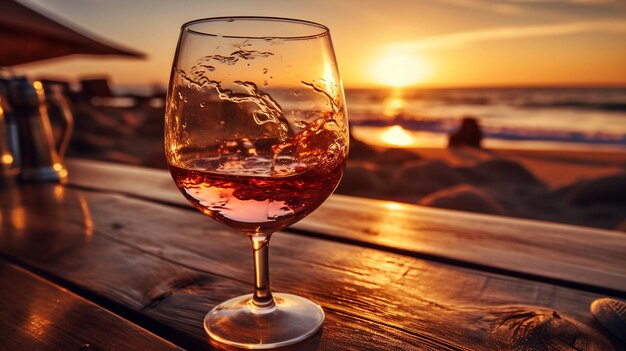 glas wijn wijn spetteren in glas op houten kaars op de voorkant zonsondergang strand en zee
