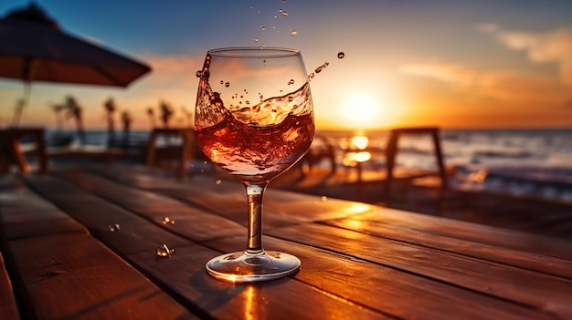 glas wijn wijn spetteren in glas op houten kaars op de voorkant zonsondergang strand en zee