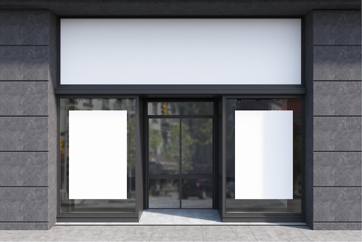 Foto glas, witte en grijze steen café gevel met twee verticale posters en een glazen deur. 3d rendering mock up