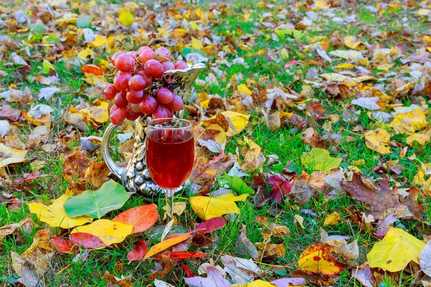 Glas witte wijn met herfstbladeren tegen