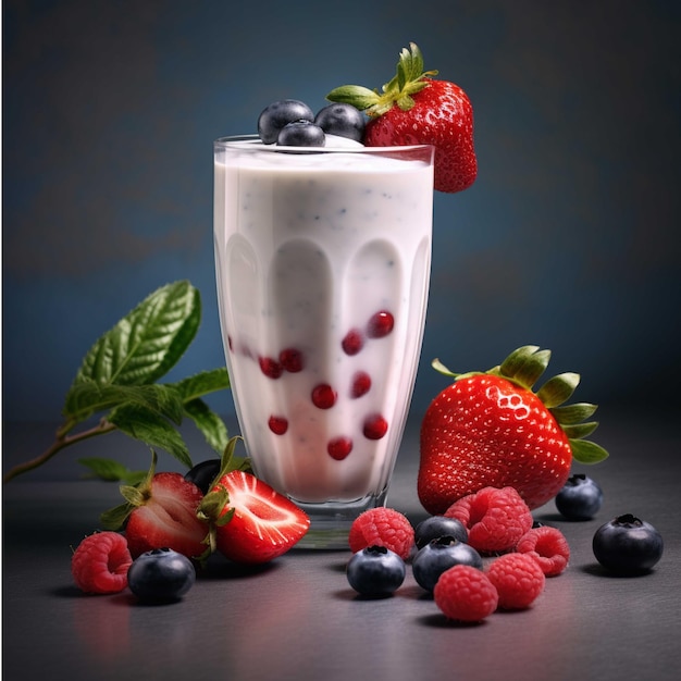 Glas yoghurt met verse bessen en plons op zwarte achtergrond 3d illustratie