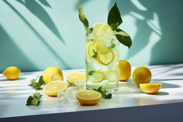 Glas zelfgemaakte limonade met muntbladeren in de schaduw van het harde zonlicht Vers zomer citroen frisdrank