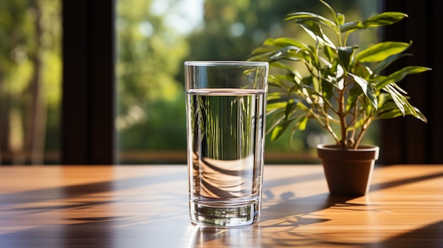 glas zuiver water op een houten tafel in de binnenruimte