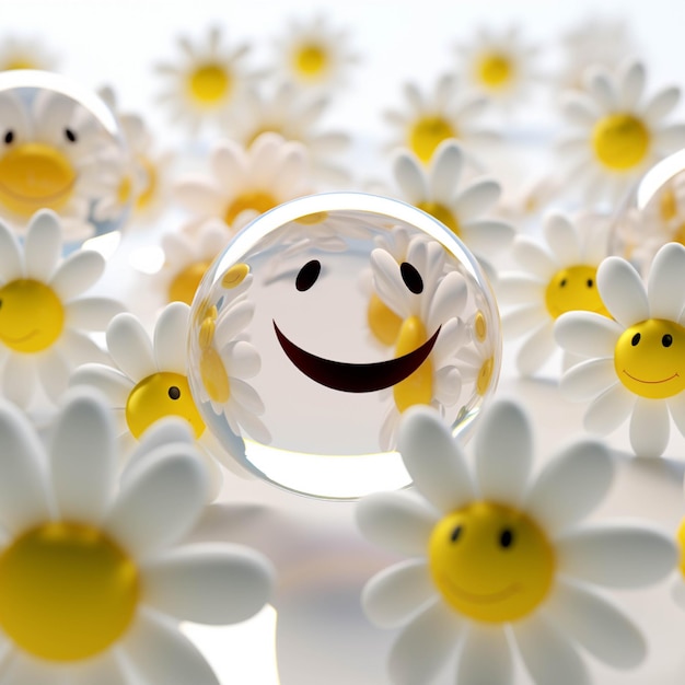 Glasbal met glimlachend gezicht en bloemen op een witte achtergrond