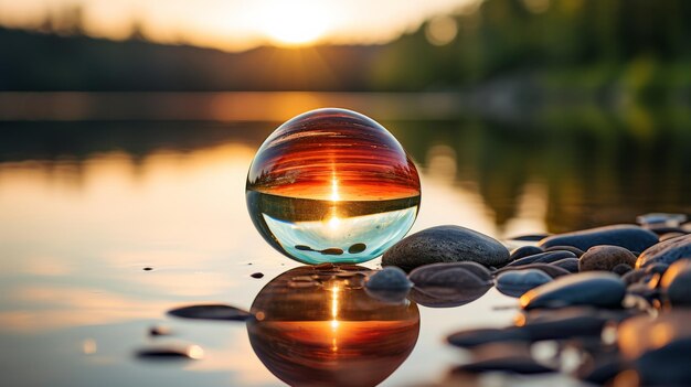 Glasbal op de top van een stapel rotsen