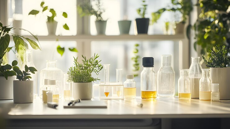 Glasflessen en planten op een wit tafelblad