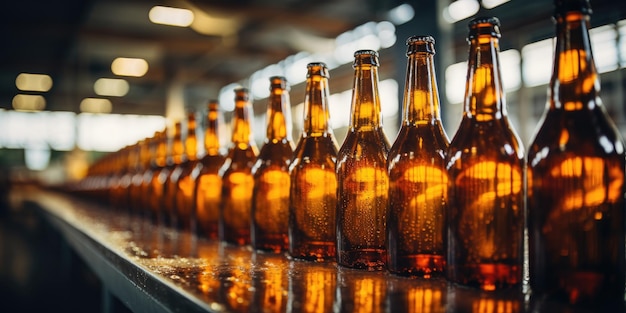 Glasflessen in de fabriek Bierfabriek Hoogwaardige foto Generatieve AI