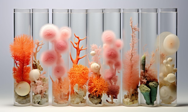 Glasflessen met koralen op een witte achtergrond Selectieve zachte focus