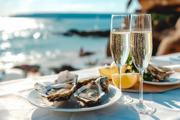 Glasjes champagne en oesters op een tafel met uitzicht op de zee Generatieve AI