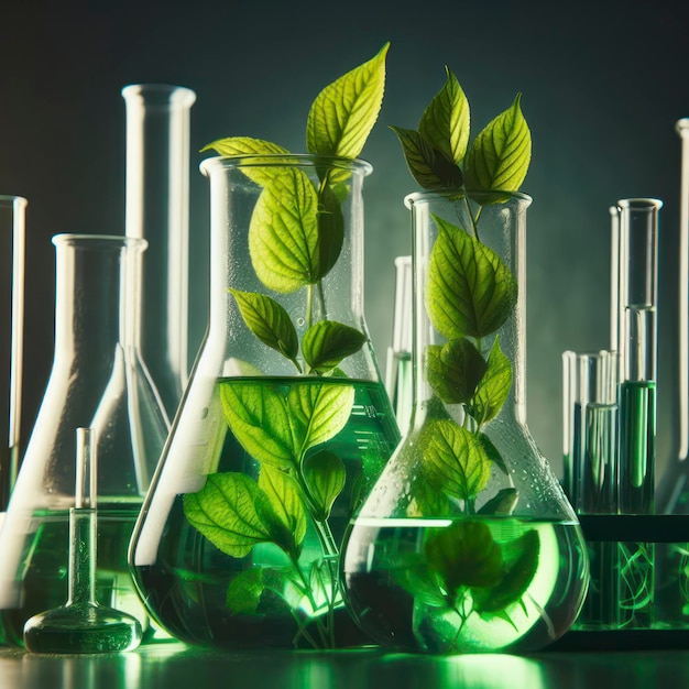 Foto glasplanten groene bladeren in de kolf gevuld met water groene chemie ai generatieve