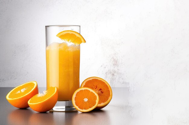 Glass of 100 orange juice with orange sacs and sliced fruits