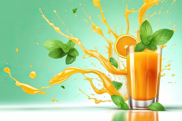 Glass of 100 orange juice with orange sacs and slices fruits isolate on white background