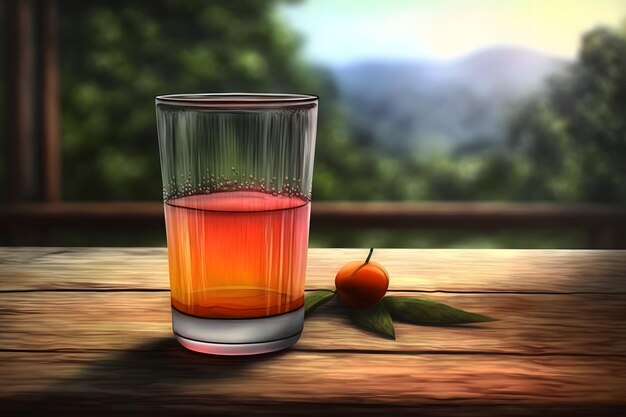 Glass of abstract fruit juice with fresh fruits on wooden table with summer field background Neural network generated art