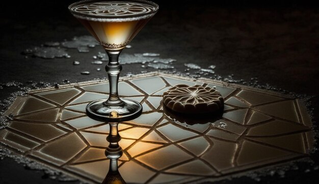 A glass of alcohol and a cookie on a table