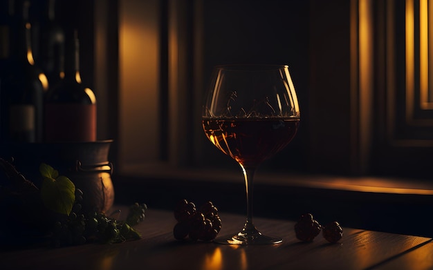 A glass of alcohol sits on a table with a bottle of wine in the background.