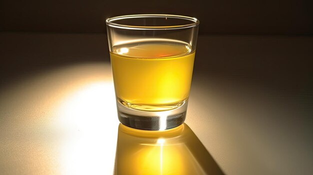 A glass of alcohol sits on a table with a dark background.