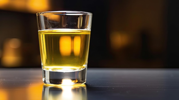 A glass of alcohol sits on a table.