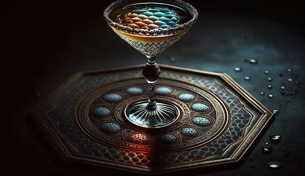 A glass of alcohol sits on a tray with a dark background.