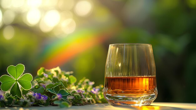 A glass of alcohol sitting on a table next to a pot of flowers and a clover plant with a rainbow in